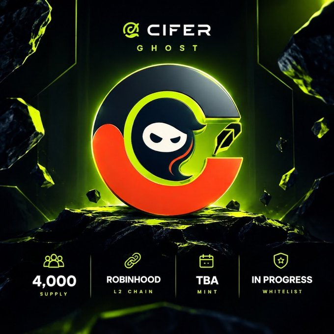 A dramatic promotional graphic for the "CIFER GHOST" NFT project features a glowing green and orange circular logo with a ghostly character at its center, set against a dark background with floating rock fragments. Key details displayed include a 4,000 supply, L2 chain on Robinhood, TBA mint date, and an in-progress whitelist—aligning with the post's message about Cifer Ghost serving as the NFT access layer for Cifer Security's quantum-resistant Web3 ecosystem.