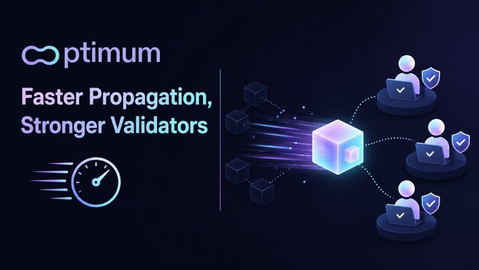 The image features the "optimum" logo alongside the text "Faster Propagation, Stronger Validators," with a 3D cube emitting speed lines connecting to three validator figures marked with shield and checkmark icons, visually reinforcing how rapid block data transmission enables validators to attest quickly and stay synchronized with the network.