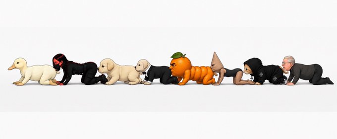 A surreal lineup of crawling figures in profile view, including ducks, babies, an anthropomorphic orange with leaves, a figure in a hood, and a man in a suit, all positioned on hands and knees against a white background.