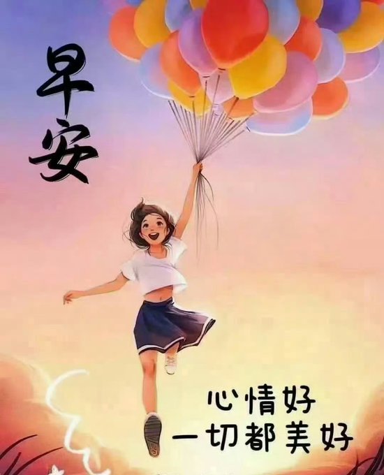 An illustrated greeting card showing a girl in a white shirt and dark skirt holding a cluster of colorful balloons, with Chinese text '早安' (Good morning) and '心情好 一切都美好' (Good mood, everything is beautiful).