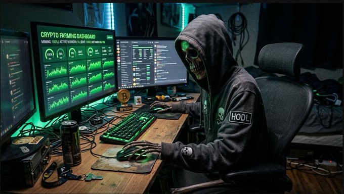 A hooded, skeletal figure in a hoodie labeled "HODL" sits at a desk running a "CRYPTO FARMING DASHBOARD" on multiple monitors, with energy drinks and cryptocurrency hardware nearby.
