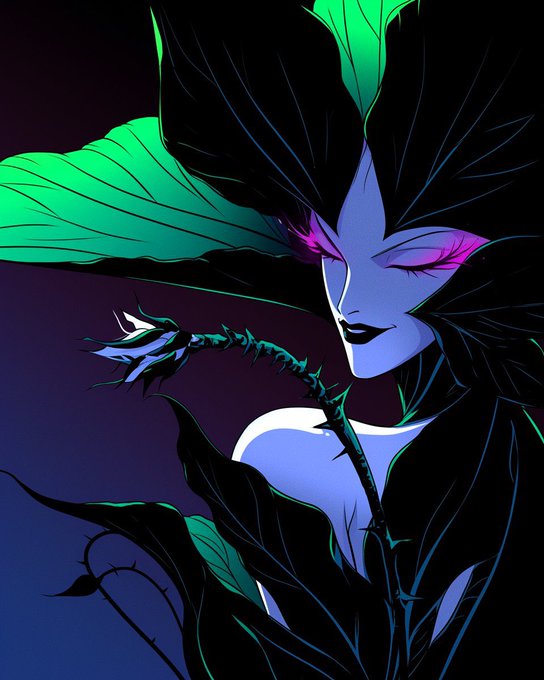 A stylized illustration of a blue-skinned fantasy character with black leaf-like features and purple makeup, holding a thorny flower against a dark background.