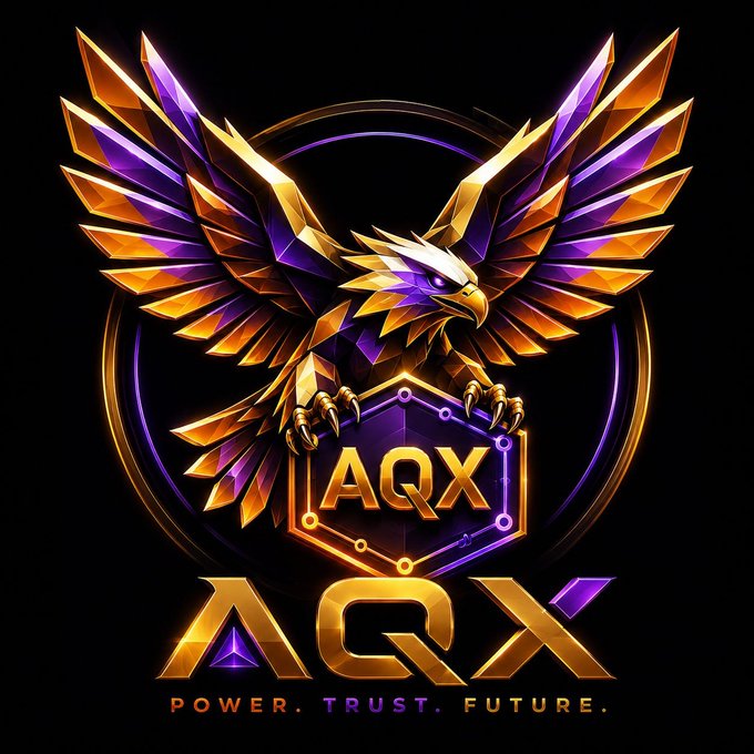 A digital logo featuring a stylized golden and purple eagle on a black background, with the text 'AQX' inside a hexagon, and the words 'POWER. TRUST. FUTURE.' at the bottom.