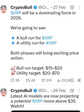 The image shows two tweets from CryptoBull predicting $XRP will be a "dominating force in 2026," with bullish price targets of $15–$70 and a note that AI models project a move above $35, relating to the post's message urging XRP followers to be cautious about whose advice they follow.