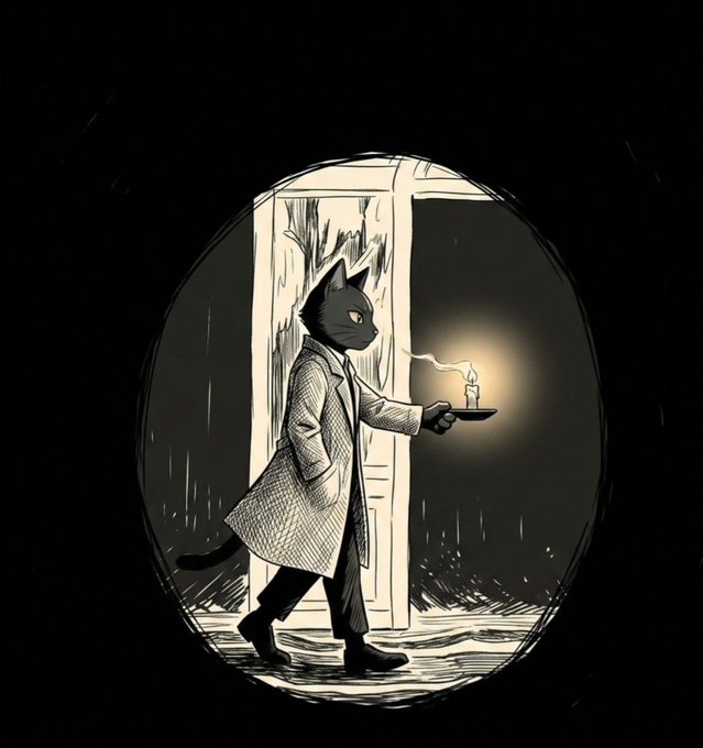 An anthropomorphic cat in a trench coat steps through a dimly lit doorway holding a candle, framed within a circular vignette against black. The image evokes themes of venturing into the unknown and seeking one's own light—mirroring the post's message about agents moving past centralized dependency toward cryptographic self-sufficiency and financial autonomy, guided by their own judgment rather than gatekeepers.
