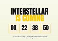 The image is a countdown timer graphic for an event titled "INTERSTELLAR IS COMING," showing 00 days, 22 hours, 38 minutes, and 50 seconds remaining. The accompanying post announces that "Dac Interstellar is live" and promotes a Quantum Vault on Dac_Chain where users can open Daily Base Crates for 150 QE, with the countdown likely teasing additional rewards or upcoming features.