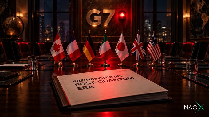 A dramatic conference room featuring the flags of all seven G7 nations (Canada, France, Germany, Italy, Japan, the UK, and the US) displayed behind a briefing folder labeled "PREPARING FOR THE POST-QUANTUM ERA," visually reinforcing the joint cybersecurity call to action by G7 member states.