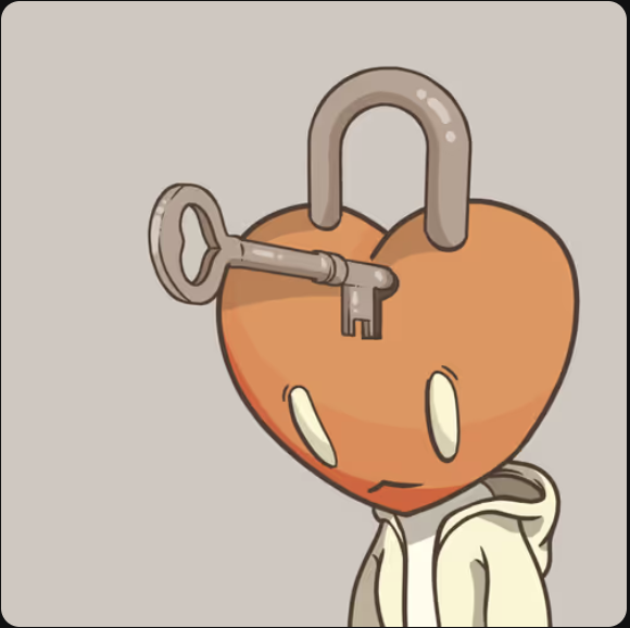 An animated orange heart character wearing a hoodie has a key and padlock piercing through it, with the lock and key acting as its 'head'.