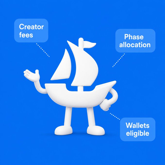 A friendly white sailboat mascot with waving hands stands on a blue background, surrounded by labels highlighting "Creator fees," "Phase allocation," and "Wallets eligible"—three new OpenSea features for tracking mint details and eligibility.