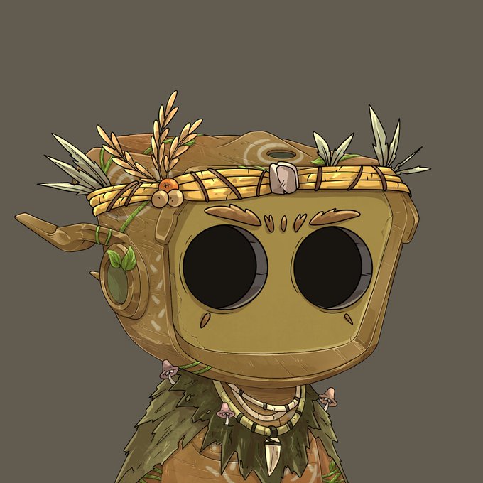 A digital illustration of a cute robot-like character with a large rectangular head, decorated with leaves, flowers, and a grassy necklace.
