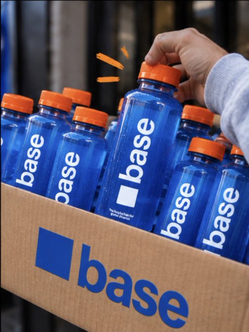 A hand reaching for a blue bottle labeled 'base' from a cardboard box filled with identical blue bottles, featuring the Base logo and social media handles.