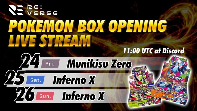 A promotional graphic for a Pokemon box opening live stream on Discord at 11:00 UTC, scheduled for the 24th-26th with featured sets including Munikisu Zero and Inferno X.