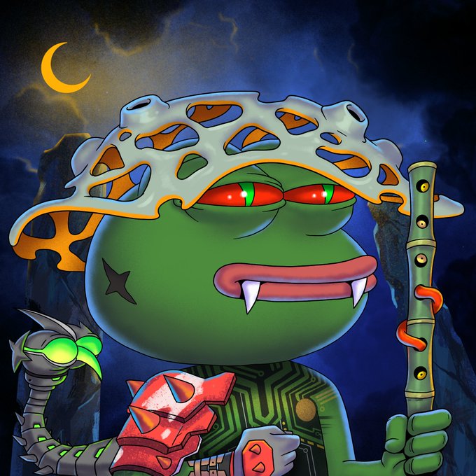 The image features an illustration of a frog with a face wearing a hat that has holes for eyes, giving it a unique appearance. The frog is holding a stick, possibly a sword, as if ready for battle or adventure. The background includes a dark sky filled with clouds and mountains in the distance, creating a dramatic atmosphere. The caption "GN Explorers Not all explorers across the GALACTIC COMPLEX are the frogs you may know." suggests that this illustration is related to a story or series of stories involving these frog characters from the GALACTIC complex.