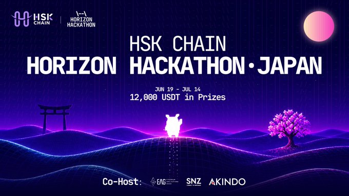 The image features a poster for an event called "HSK Chain Horizon Hackathon - Japan" that takes place from June 19-14. The poster includes a map of Japan with a tree, a building, and a bridge, as well as logos for other companies like @HSKChain, @EthAppsGuild, and @dgrid_ai. The event is described to be a competition where participants will be rewarded with 12,000 USDT in prizes.