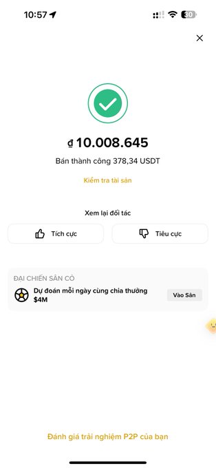 A Vietnamese crypto P2P trading app screen showing a successful sale of 10,008,645 (378.34 USDT), with options to like/dislike the partner and a referral program offering $4M daily rewards.