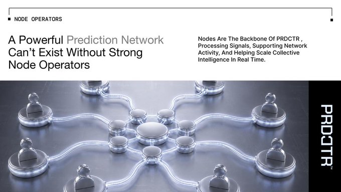 The image shows a white background with black text that reads "A powerful prediction network can't exist without strong node operators. Nodes are the backbone of PRDCTR, processing signals, supporting network activity, and helping scale collective intelligence in real time". The image also features a group of people standing around each other, which is unrelated to the main content of the post.