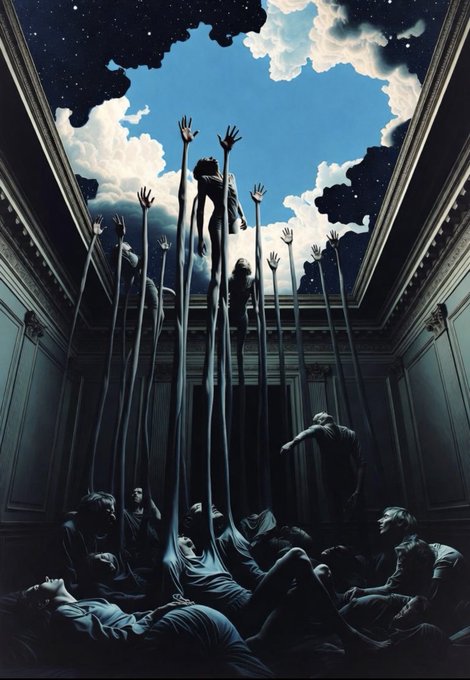 A surreal illustration depicting figures in a dark room reaching their elongated arms upward through a ceiling opening into a bright, cloudy sky.