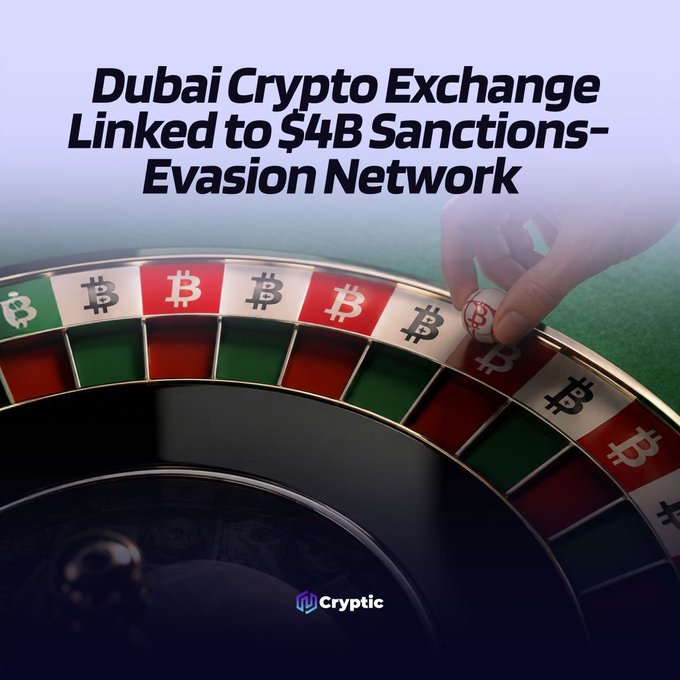 A graphic featuring a roulette wheel decorated with Bitcoin symbols, with a hand placing a chip on it, overlaid with the headline "Dubai Crypto Exchange Linked to $4B Sanctions-Evasion Network" and the "Cryptic" logo at the bottom. The imagery visually ties to the post's reference to Dubai-based crypto exchange Shelbit's alleged role in a $4 billion sanctions-evasion network tied to Iranian entities.