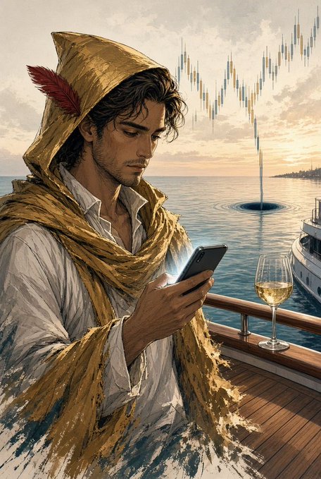 An illustration of a man in a golden hooded cloak with a red feather, looking at his smartphone while standing on a yacht deck with a glass of white wine, set against an ocean sunset.