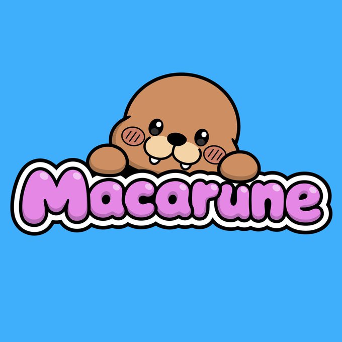 A cartoon logo of a cute brown seal character peeking over pink bubble-style text reading "Macarune" on a bright blue background.