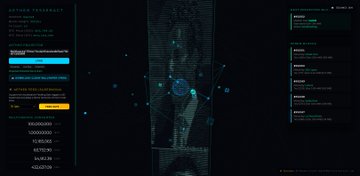 The image shows an interactive screen with a large blue bubble containing a white circle, which appears to be a 3D rendering of a person's face or a map. The background of the image is black, providing contrast for the elements within it. The text on the screen reads "Unveil the hidden history of Bitcoin with Aether Tesseract, an 11D network visualizer." This suggests that the viewer might be exploring the history and development of Bitcoin through the use of a 3D visualization tool.