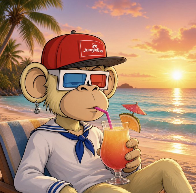 An animated monkey wearing a red "JungleBay" cap, 3D glasses, and a sailor outfit drinks a tropical cocktail on a beach at sunset.