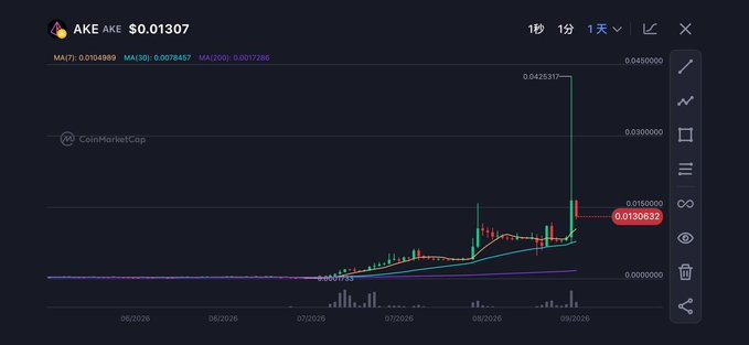 A CoinMarketCap price chart for $AKE shows the token trading at $0.01307, displaying a dramatic price spike to approximately $0.04253 in August 2026 from a prior consolidation near $0.00000133, visually illustrating the post's claim of dozens-of-times gains sustained over a full year with recent high-leverage volatility.