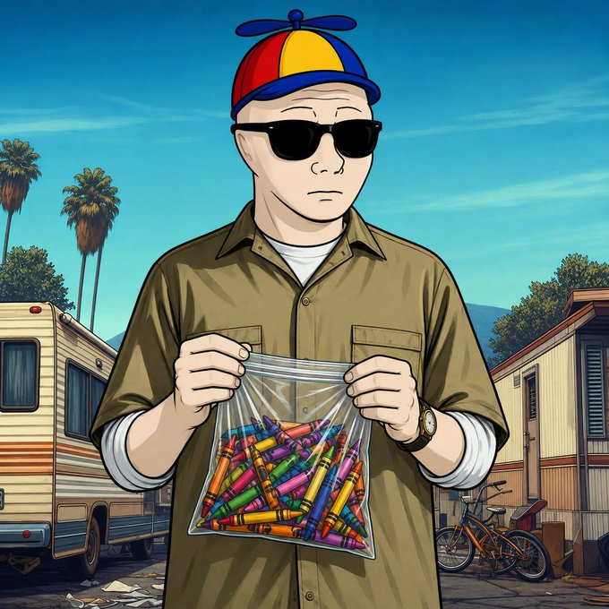 An illustrated cartoon man wearing sunglasses and a propeller beanie holds up a clear plastic bag filled with colorful crayons, standing in front of a trailer park with palm trees and bicycles.