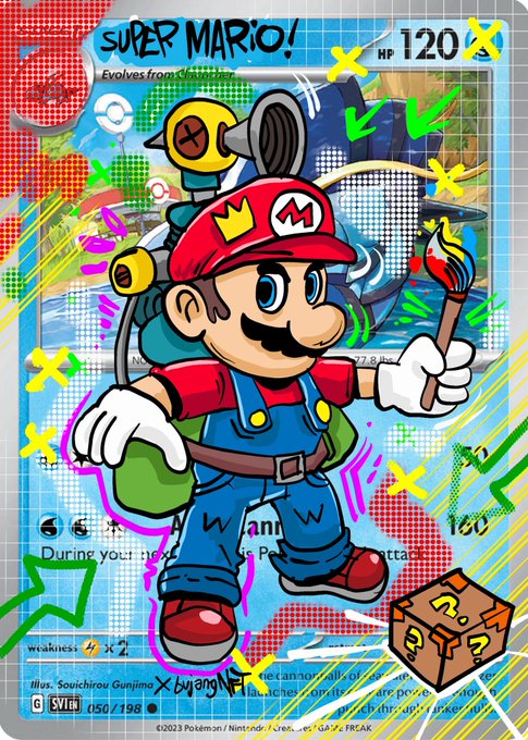 A colorful trading card illustration of Mario dressed as an artist with a beret and paintbrush, featuring text 'SUPER MARIO!', 'HP 120', and 'Weakness x2'.