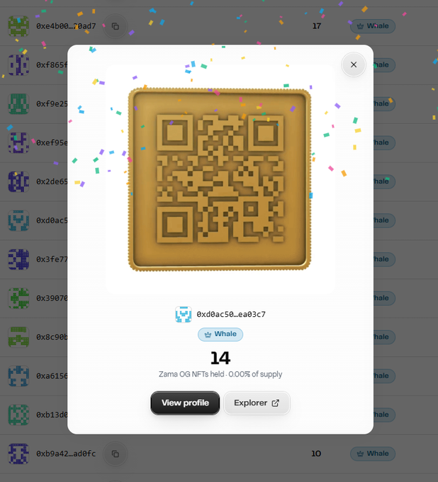 A screenshot of an NFT profile featuring a gold square QR-code style avatar, tagged as a 'Whale' holding '14' Zama OG NFTs.