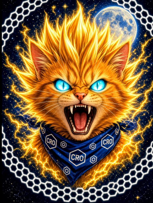 A stylized digital illustration of a fierce orange cat with glowing cyan eyes and an open mouth, wearing a blue bandana with 'CRO' logos, surrounded by golden lightning and a moon in a cosmic background.