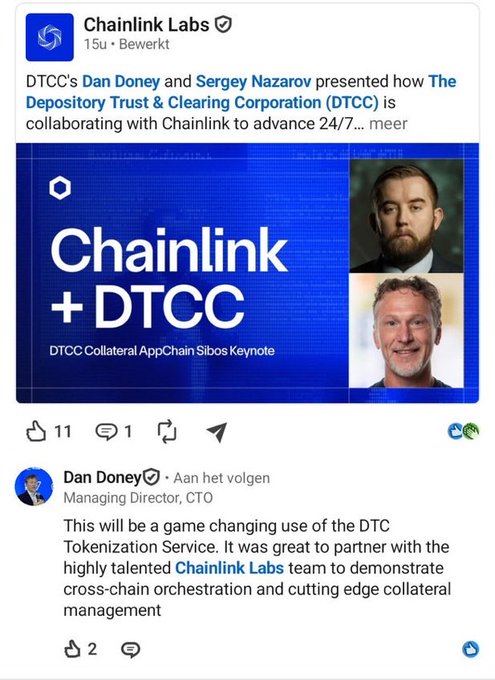 A LinkedIn post from Chainlink Labs announces a collaboration between DTCC's Dan Doney and Sergey Nazarov, featuring a 'Chainlink + DTCC' graphic for a keynote presentation.