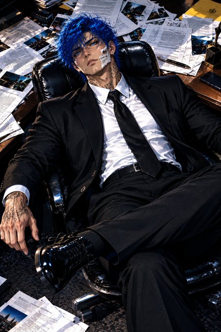 A cosplayer with blue hair, skull face paint, and tattoos sits in a black leather chair wearing a suit and tie, surrounded by scattered newspapers and documents on a desk.