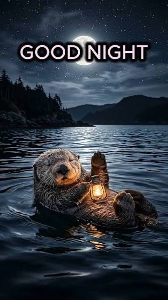 An illustration of an otter floating on its back in water holding a glowing lantern, with a full moon and forest in the background, overlaid with the text 'GOOD NIGHT'.