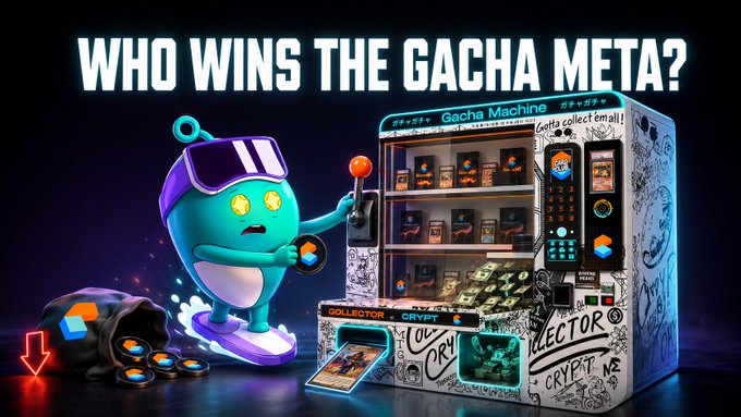A teal cartoon mascot wearing sunglasses and a hoodie stands next to a graffiti-covered "Gacha Machine" vending various crypto collectibles, with bold text asking "WHO WINS THE GACHA META?" highlighting Collector Crypt's $11.9M monthly revenue despite the $CARDS token trading 55% below its ATH.