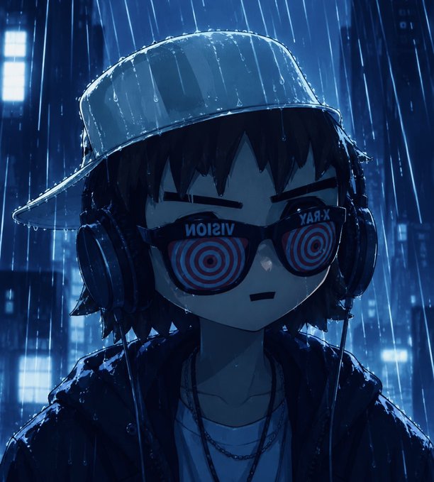 An anime-style character wearing a cap, headphones, and spiral-lensed "VISION X-RAY" glasses standing in the rain with a city background.
