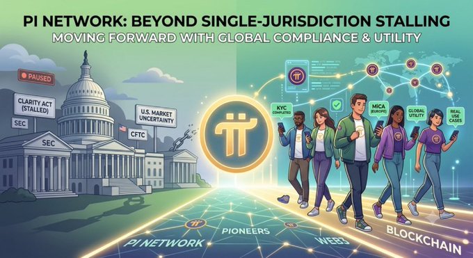 Infographic titled 'PI NETWORK: BEYOND SINGLE-JURISDICTION STALLING - MOVING FORWARD WITH GLOBAL COMPLIANCE & UTILITY,' depicting the Pi logo transitioning from a paused US regulatory setting (SEC, CFTC) to global compliance (KYC, MiCA, real utility).