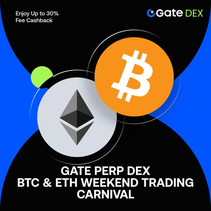 The image is a promotional graphic for the "Gate Perp DEX BTC & ETH Weekend Trading Carnival," featuring large Bitcoin (orange) and Ethereum (gray) coin logos with text highlighting "Enjoy Up to 30% Fee Cashback" and the "Gate DEX" branding in the top right corner. The visual aligns with the post by showcasing the two featured cryptocurrencies and emphasizing the cashback incentive for trading BTCUSDT and ETHUSDT perpetual contracts during the August 21–24 event.