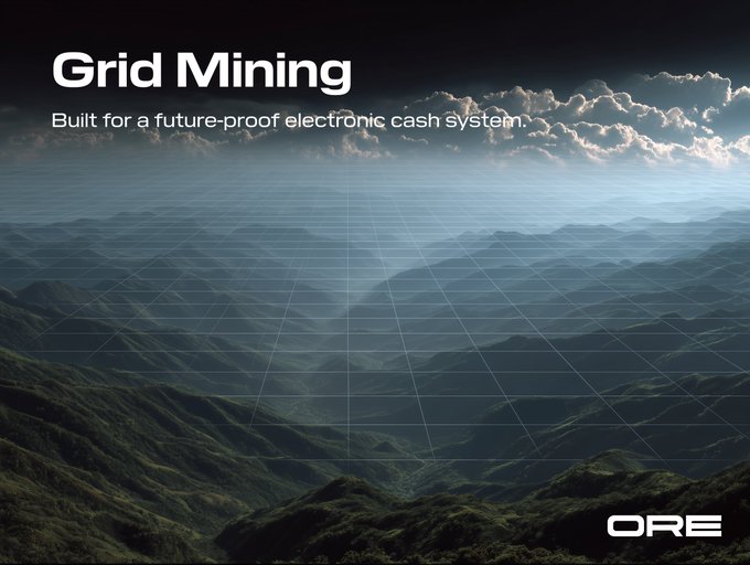 The image shows a mountain range with a cloudy sky, set against a white background that highlights the text "grid Mining".