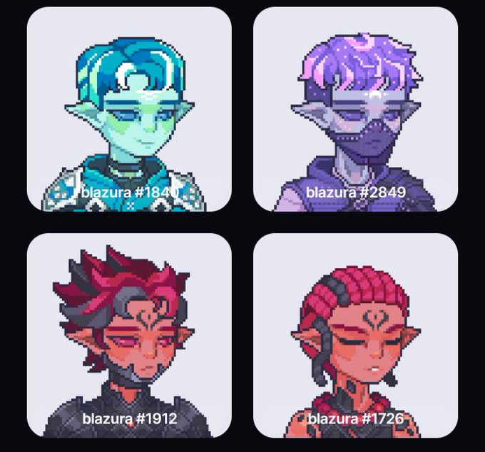 Four pixel-art elf avatars in different color variations (blue, purple, red/magenta) labeled with "blazura" and numbers #1840, #2849, #1912, and #1726.