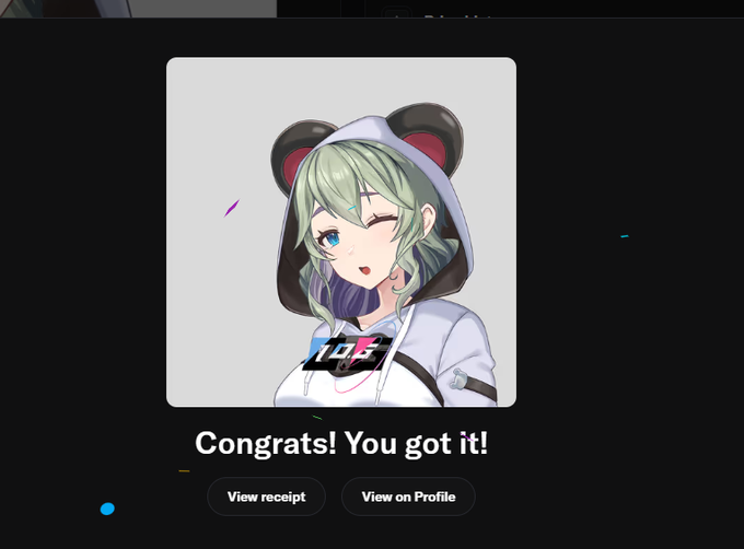 A digital gacha pull reveals an anime-style girl with green hair, blue eyes, and panda-themed hood, framed as a success screen displaying "Congrats! You got it!" with "View receipt" and "View on Profile" options, representing a successful acquisition of an @OneGravityNFT collectible.