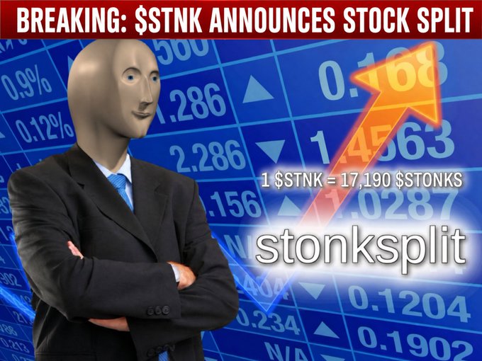 The image shows a man wearing a meme face mask and business attire standing in front of a stock market background, with a red banner reading "BREAKING: $STNK ANNOUNCES STOCK SPLIT" and graphics displaying "stonksplit" alongside a 1:17,190 $STNK to $STONKS conversion ratio, illustrating the Solana memecoin's stock split announcement.