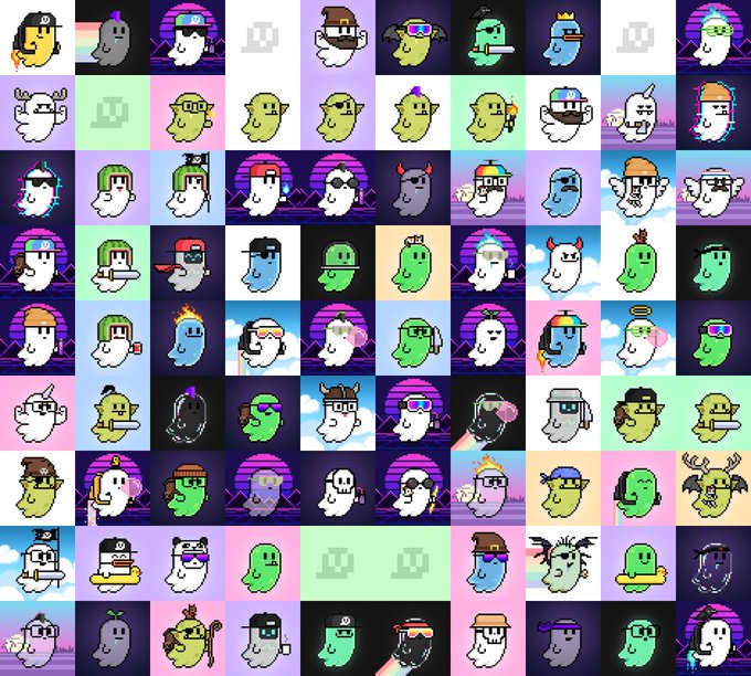 A large grid displays numerous pixel art ghost characters with various accessories, colors, and backgrounds in a synthwave aesthetic.