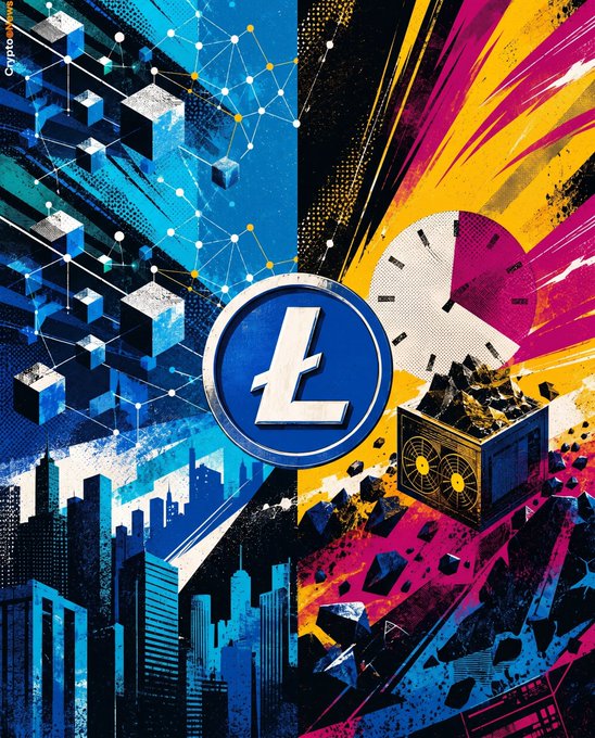 A bold graphic features a central Litecoin (Ł) logo set against a split background of blue blockchain network imagery on the left and fiery yellow, pink, and black paint-splatter textures with a clock face on the right, alongside a cityscape and what appears to be a mining rig. The image visually reinforces the post's message about the upcoming 2027 Litecoin halving event, with the clock symbolizing the countdown and the dynamic colors conveying the transformative impact on the crypto landscape, particularly for Italy's crypto community.