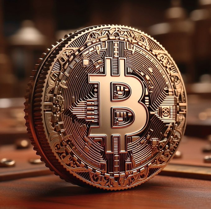 A highly detailed 3D render of a metallic gold Bitcoin coin resting on a textured surface, showcasing intricate circuit-like engravings.