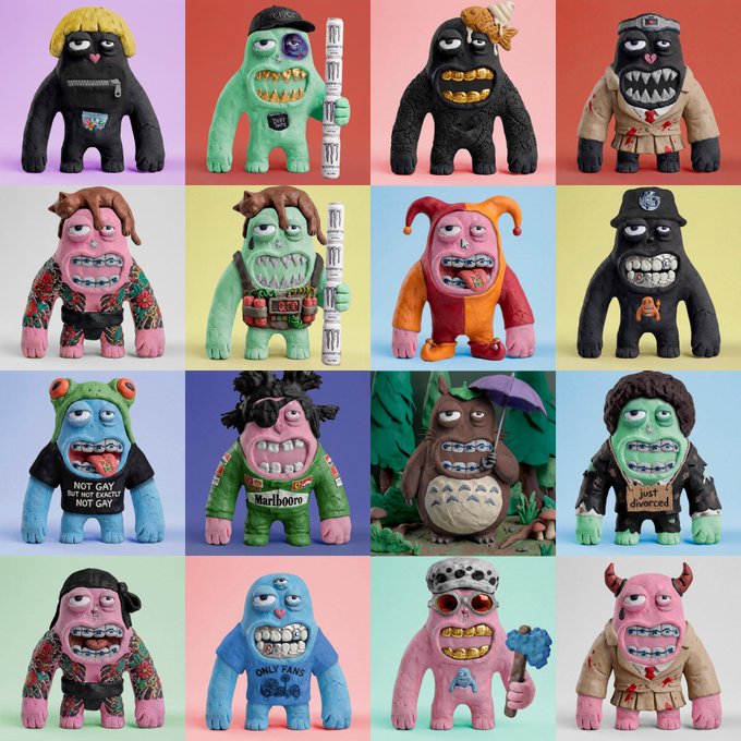 A 4x4 grid of colorful designer toy figurines with monstrous, toothy grins wearing various outfits like a Marlboro shirt and a 'NOT GAY' shirt.