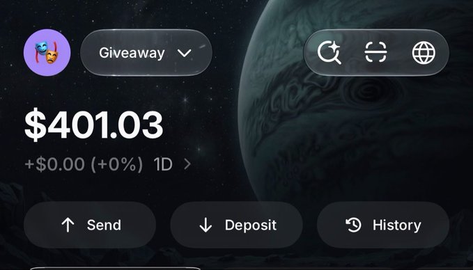 A digital crypto wallet interface displays a balance of $401.03 in a "Giveaway" account against a dark space-themed background with a planet, featuring Send, Deposit, and History buttons. The image illustrates the alleged giveaway, which prompts users to follow @kivoxbt, engage with recent posts, and share their wallet addresses to receive $400 in SOL.