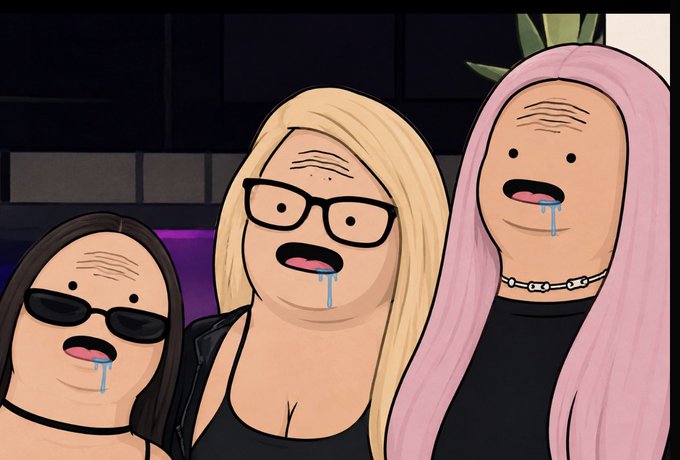 Cartoon illustration of three women with distorted, sagging facial features drooling, including one with blonde hair and glasses, one with pink hair and a chain necklace, and one with dark hair and sunglasses.