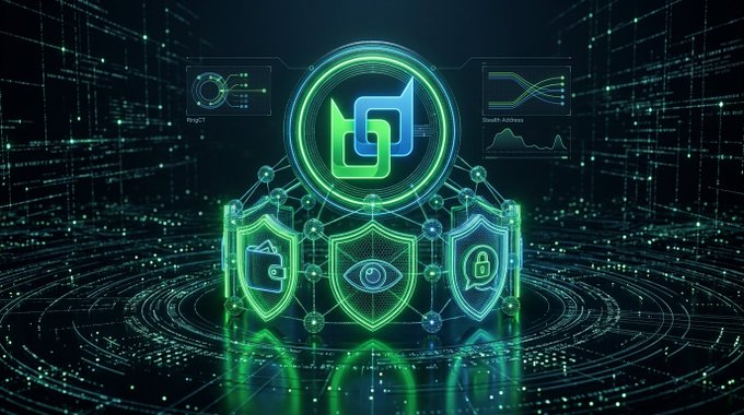 A futuristic digital graphic features glowing green and blue security shield icons representing wallet, eye, and padlock symbols beneath a central network logo, set against a dark circuit-board background.