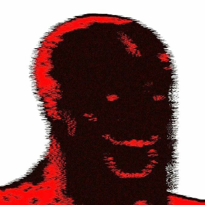 A stylized red and black portrait illustration with a glitch effect depicting a person's face.